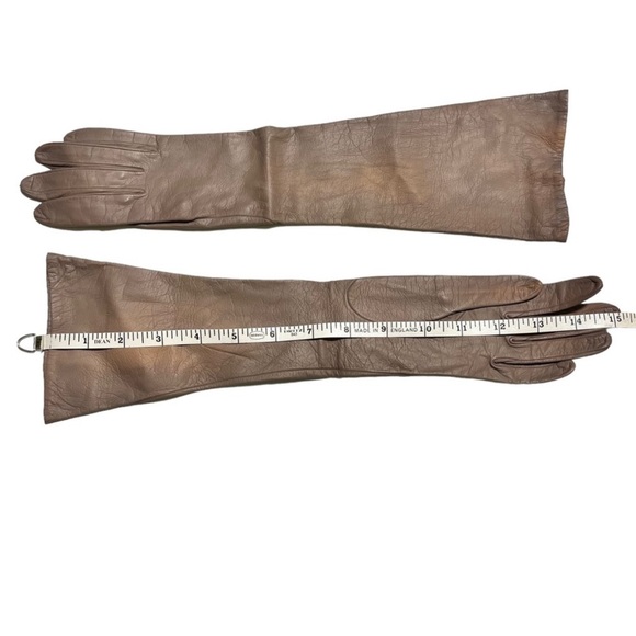 Vintage Taupe Kid Leather Elbow Length Long Gloves with Silk Lining - Picture 6 of 9